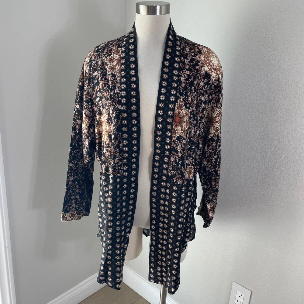 Free People‎ Womens XS Mixed Floral Geometric Kimono Cardigan Black Brown Boho